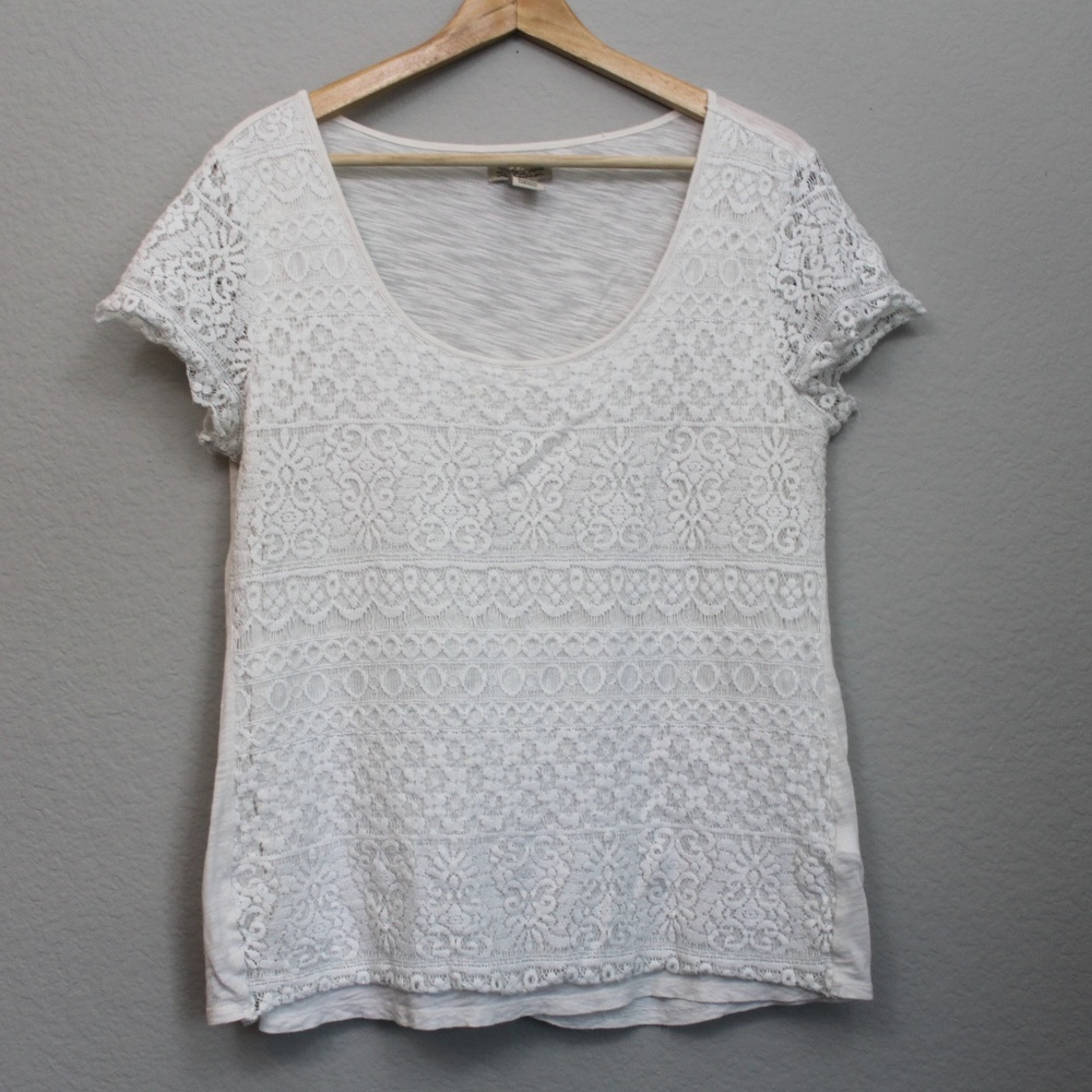 Lucky Brand Cream Eyelet Embroidery Tee